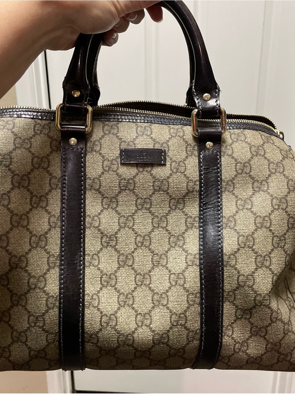 Gucci grey Monogram Canvas with black Top-Handle Bag with silver hardware
